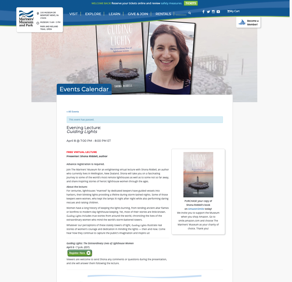 Guiding Lights virtual lecture for the Mariners’ Museum in Virginia, USA.